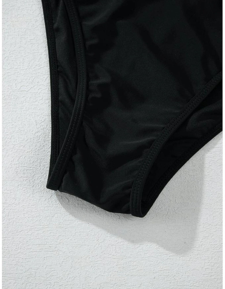 Black Sheer Mesh Edged Halter V Neck Push Up Bikini