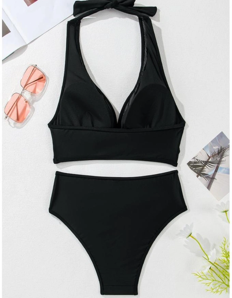 Black Sheer Mesh Edged Halter V Neck Push Up Bikini
