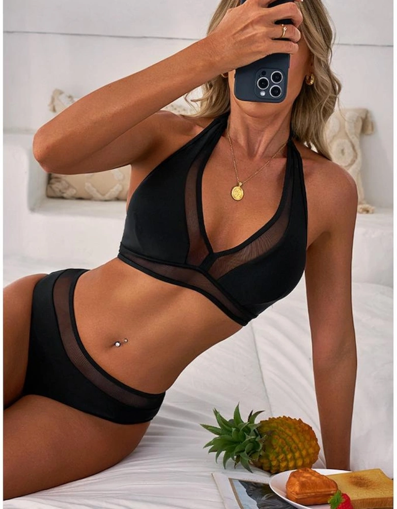Black Sheer Mesh Edged Halter V Neck Push Up Bikini