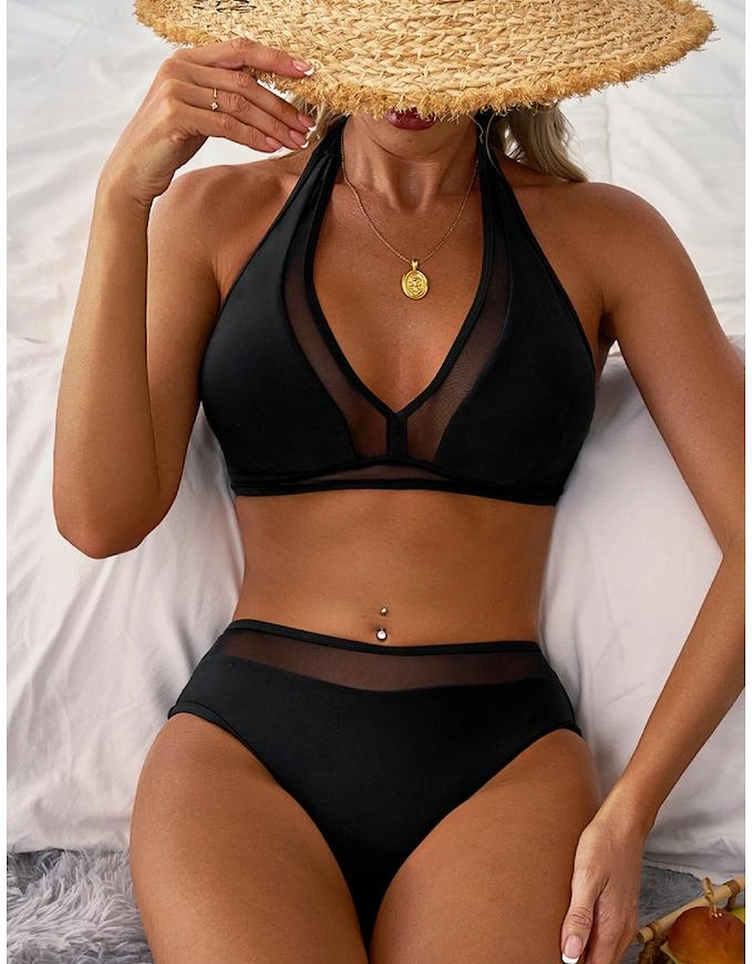 Black Sheer Mesh Edged Halter V Neck Push Up Bikini