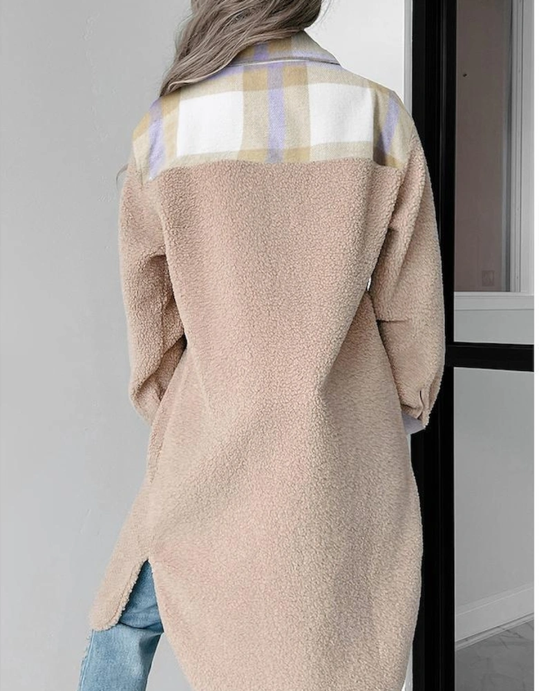 Smoke Gray Plaid Patchwork Collared Button-up Sherpa Long Coat