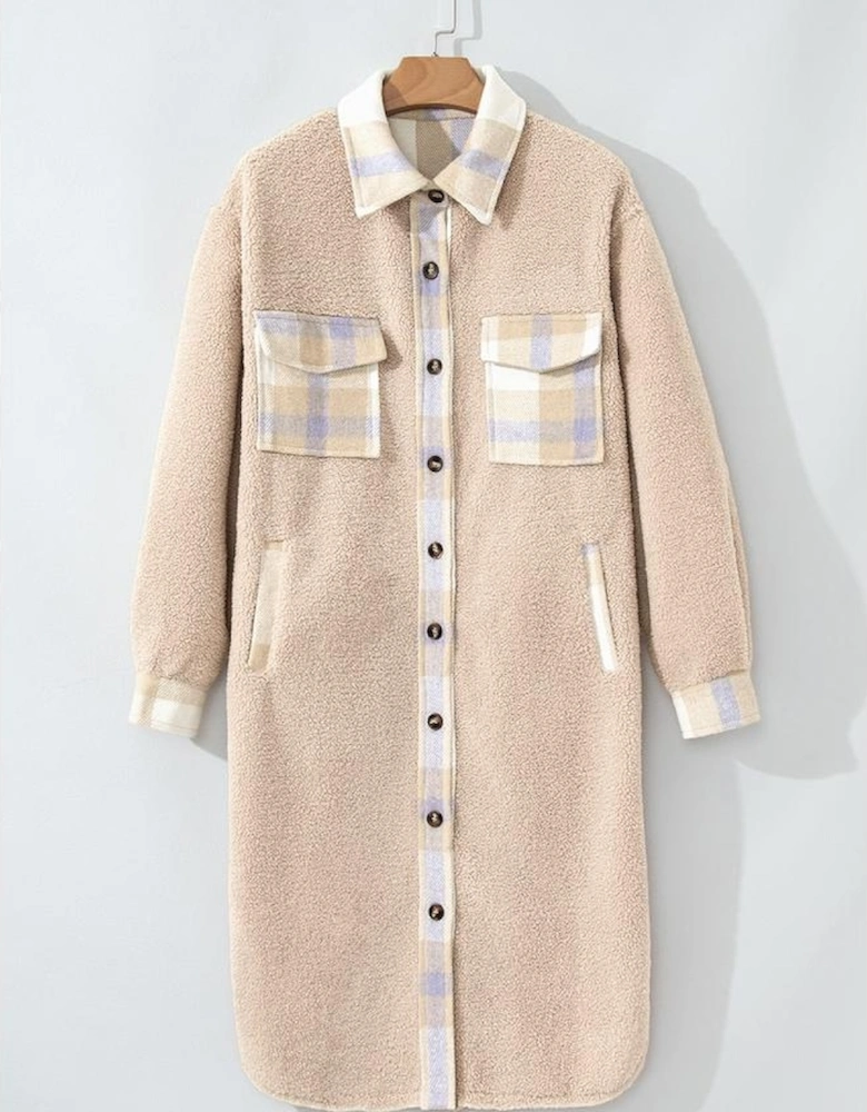Smoke Gray Plaid Patchwork Collared Button-up Sherpa Long Coat