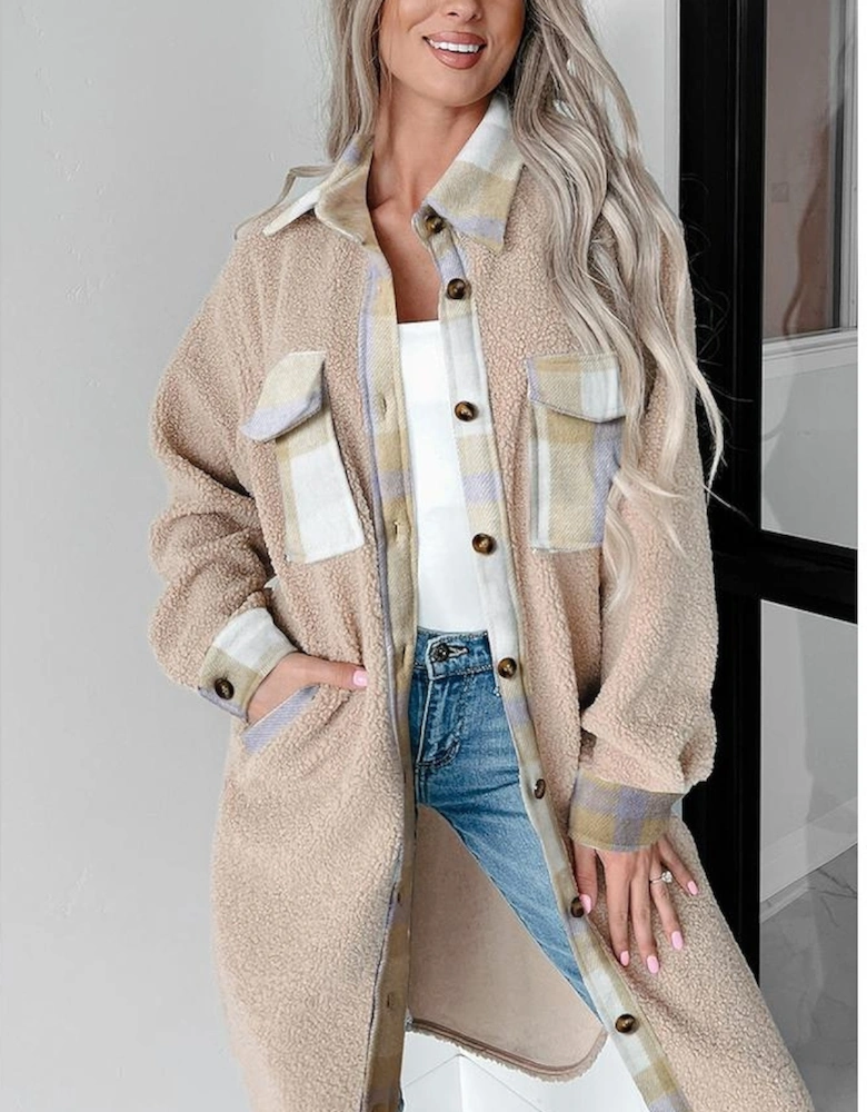 Smoke Gray Plaid Patchwork Collared Button-up Sherpa Long Coat