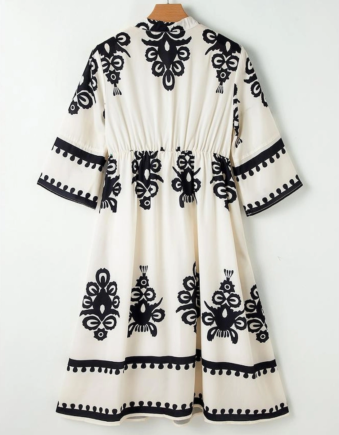Beige Western Geometric Print 3/4 Sleeve Loose Midi Dress