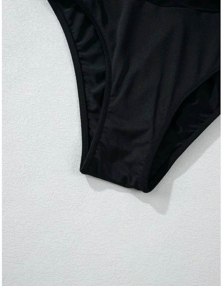 Black Sheer Mesh Edged Halter V Neck Push Up Bikini