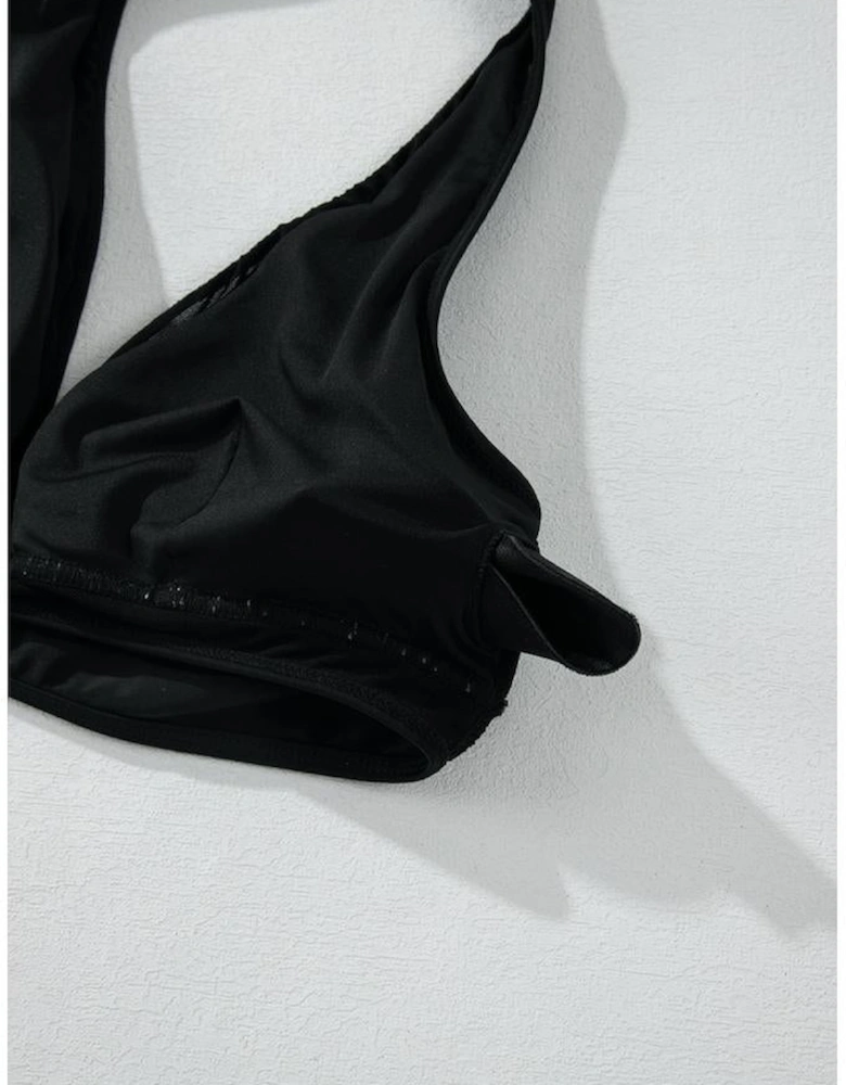 Black Sheer Mesh Edged Halter V Neck Push Up Bikini