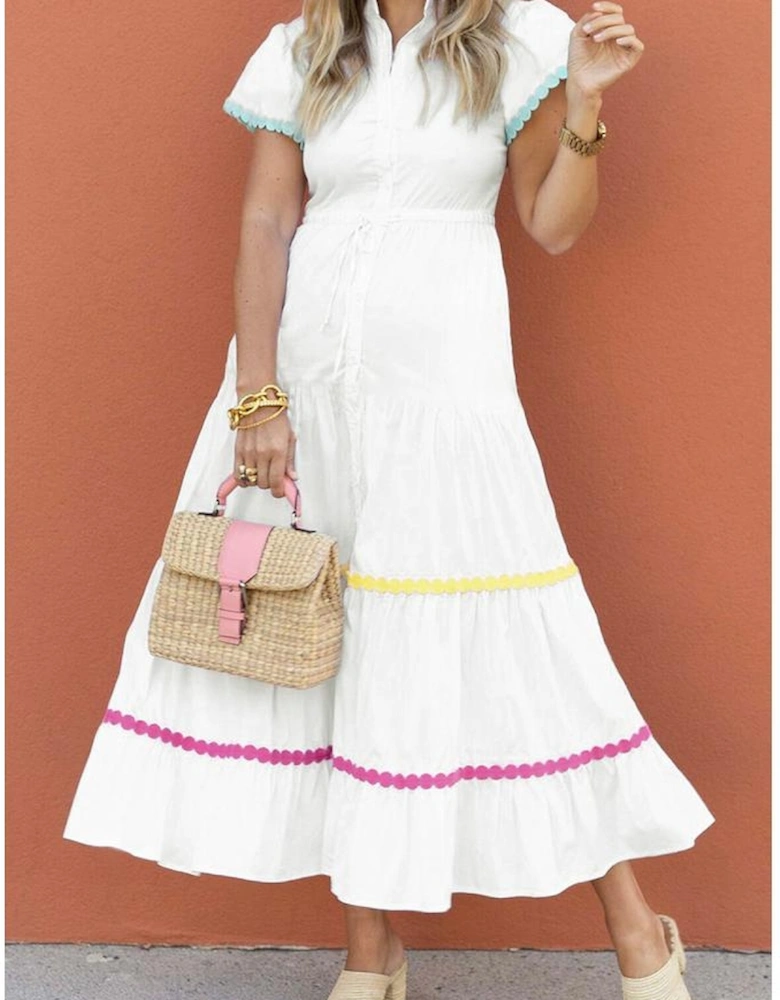 White Colorblock Rickrack Trim Short Sleeve Drawstring Waist Long Dress