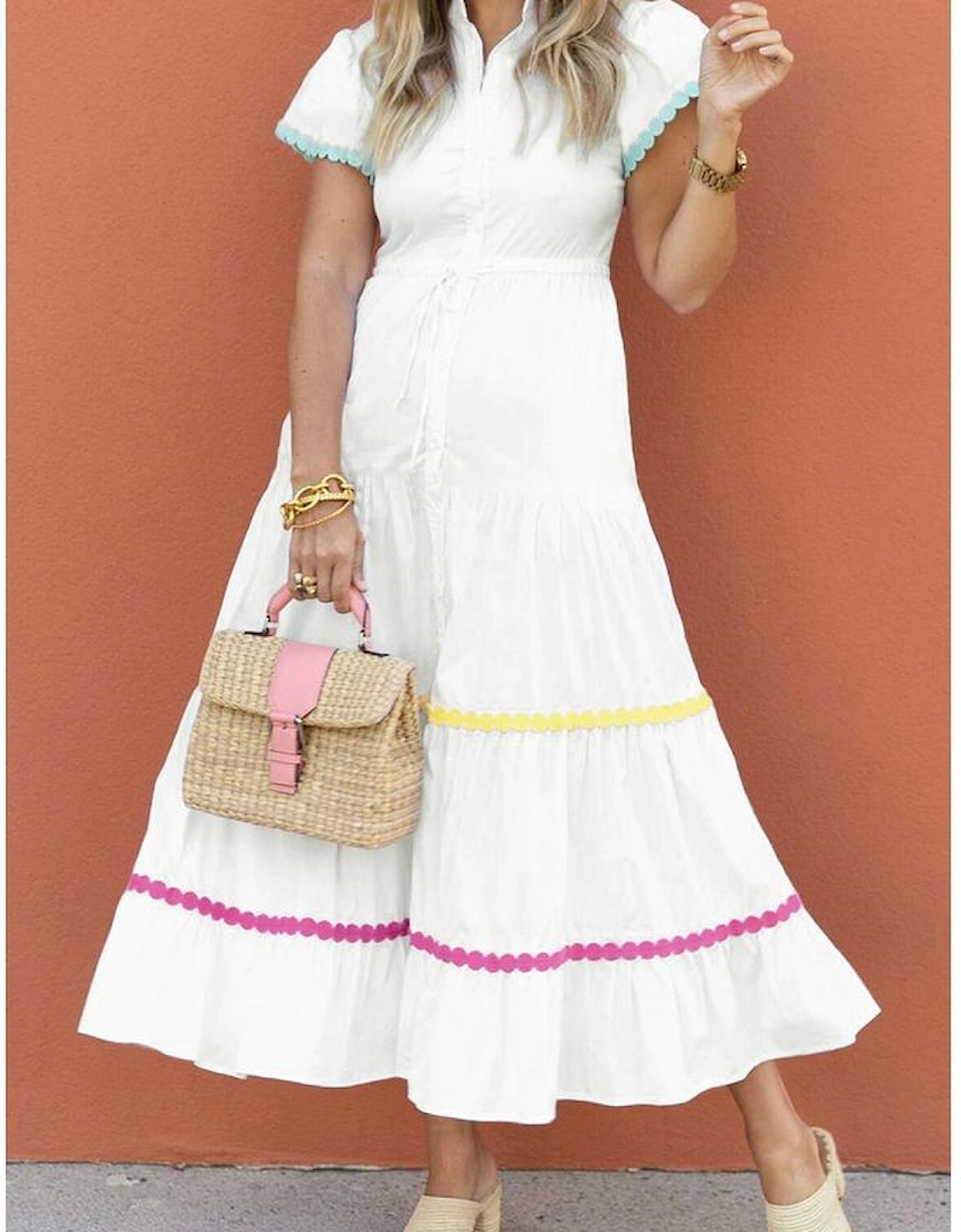 White Colorblock Rickrack Trim Short Sleeve Drawstring Waist Long Dress