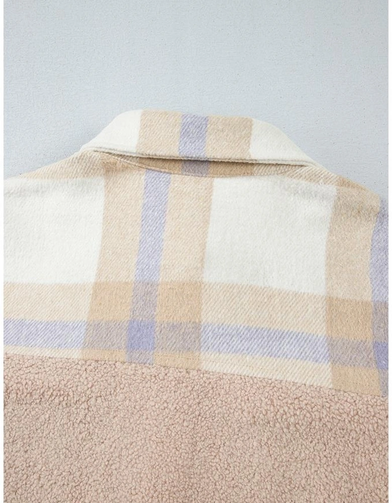 Smoke Gray Plaid Patchwork Collared Button-up Sherpa Long Coat