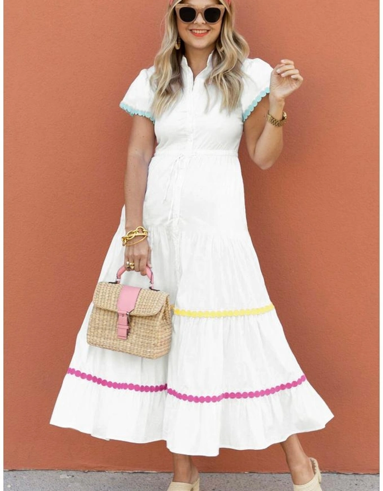 White Colorblock Rickrack Trim Short Sleeve Drawstring Waist Long Dress