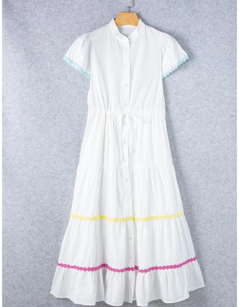 White Colorblock Rickrack Trim Short Sleeve Drawstring Waist Long Dress