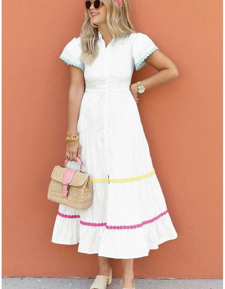 White Colorblock Rickrack Trim Short Sleeve Drawstring Waist Long Dress