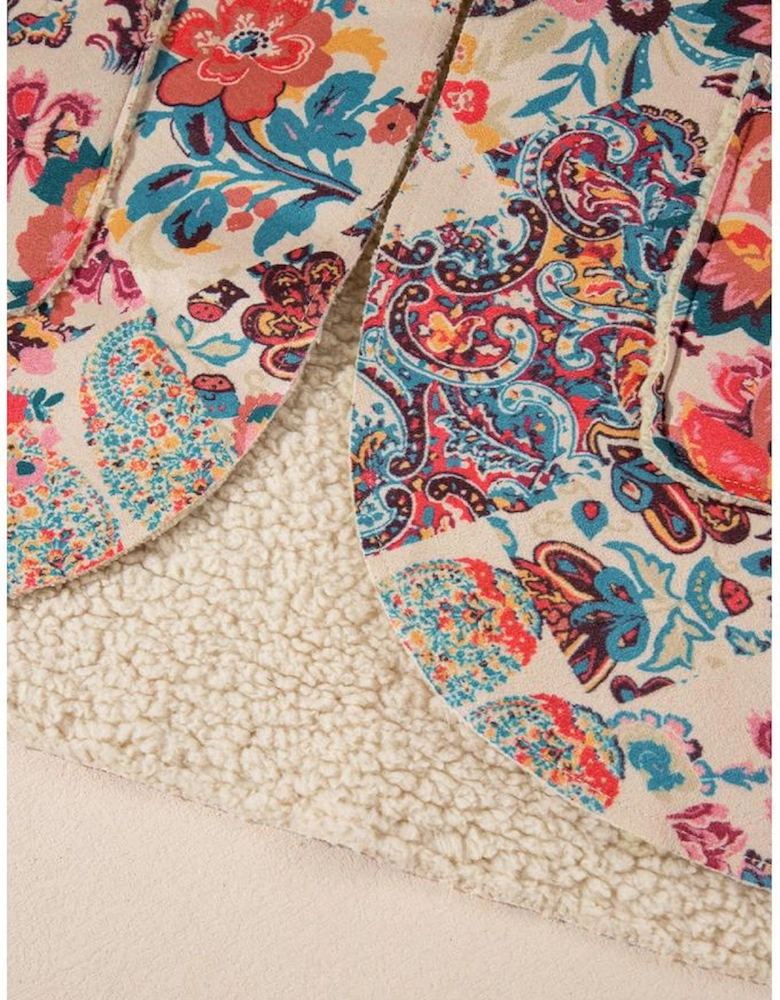 Beige Vintage Paisley Floral Printed Sherpa Lined Hooded Jacket