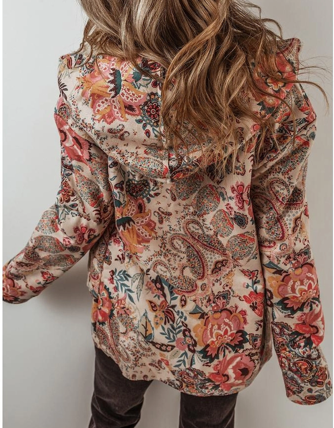 Beige Vintage Paisley Floral Printed Sherpa Lined Hooded Jacket