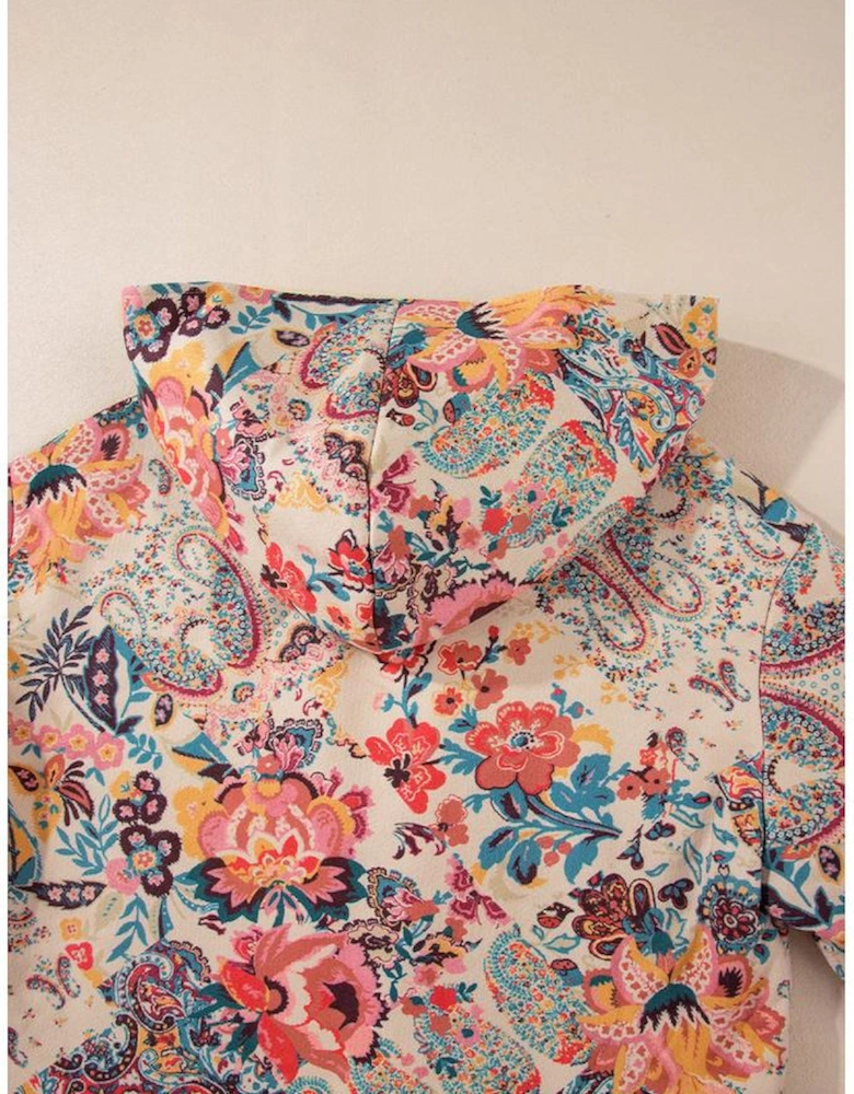 Beige Vintage Paisley Floral Printed Sherpa Lined Hooded Jacket