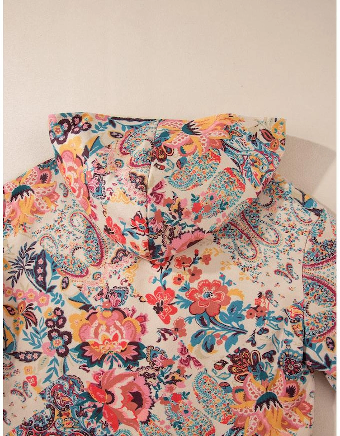 Beige Vintage Paisley Floral Printed Sherpa Lined Hooded Jacket