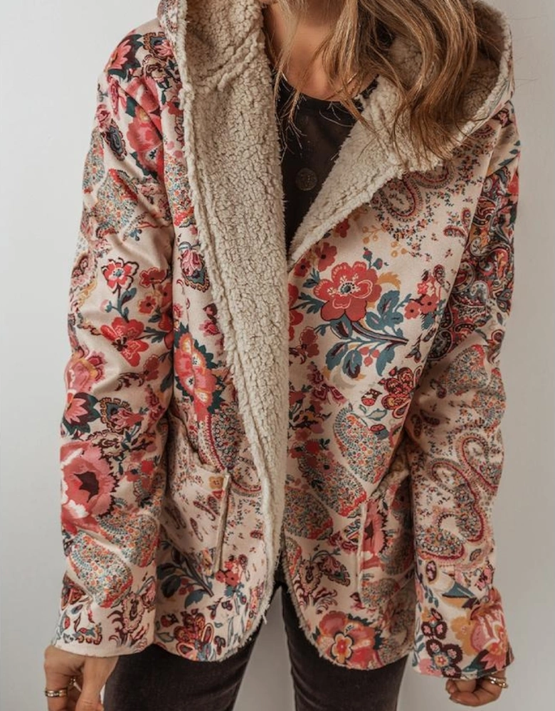 Beige Vintage Paisley Floral Printed Sherpa Lined Hooded Jacket