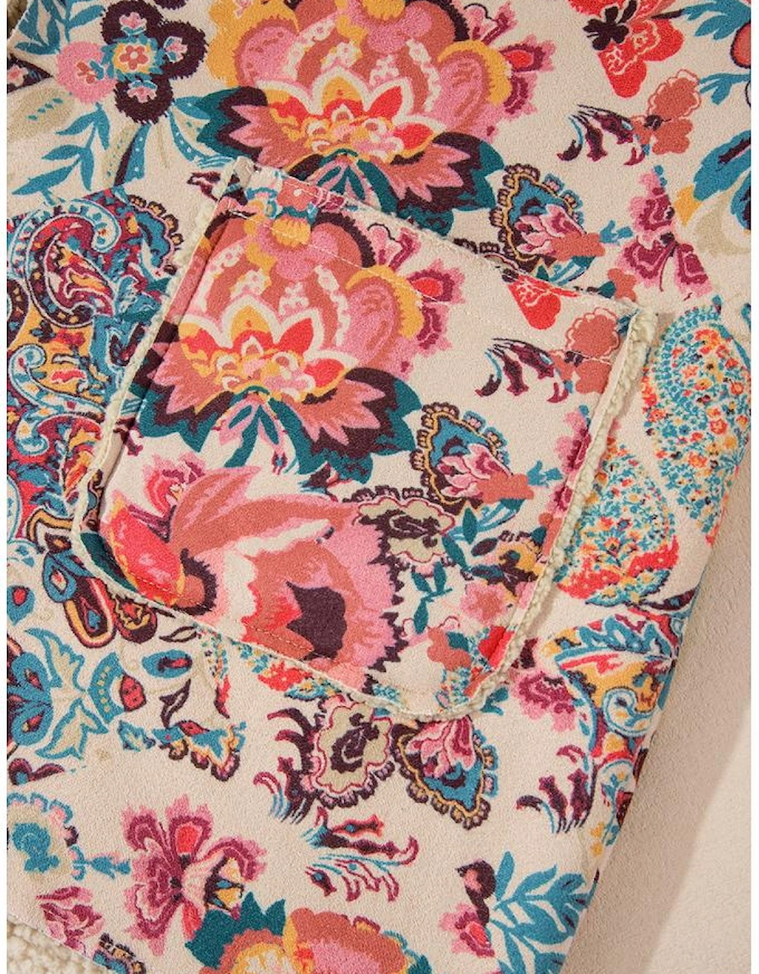 Beige Vintage Paisley Floral Printed Sherpa Lined Hooded Jacket