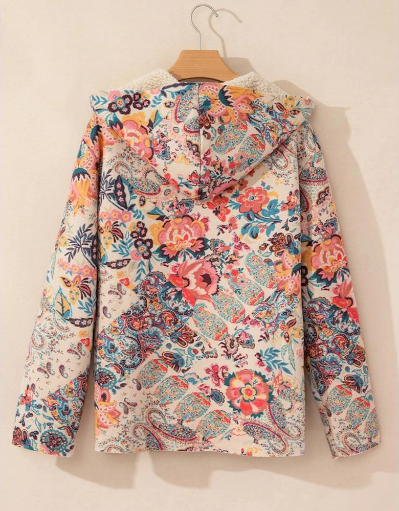 Beige Vintage Paisley Floral Printed Sherpa Lined Hooded Jacket
