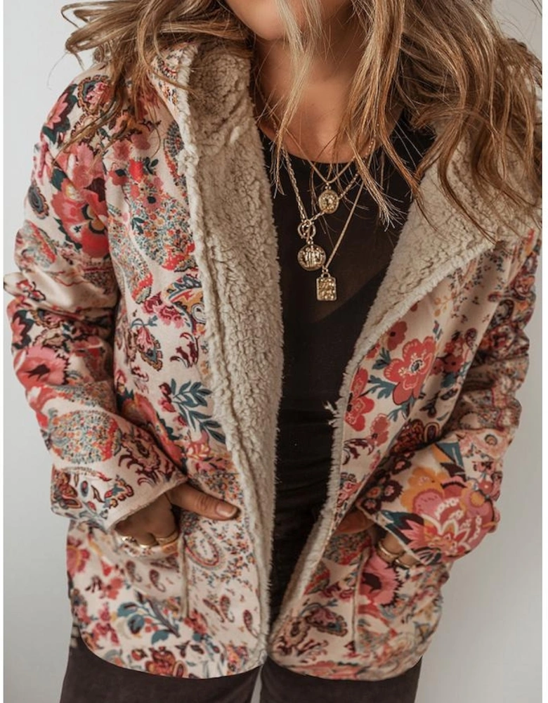 Beige Vintage Paisley Floral Printed Sherpa Lined Hooded Jacket