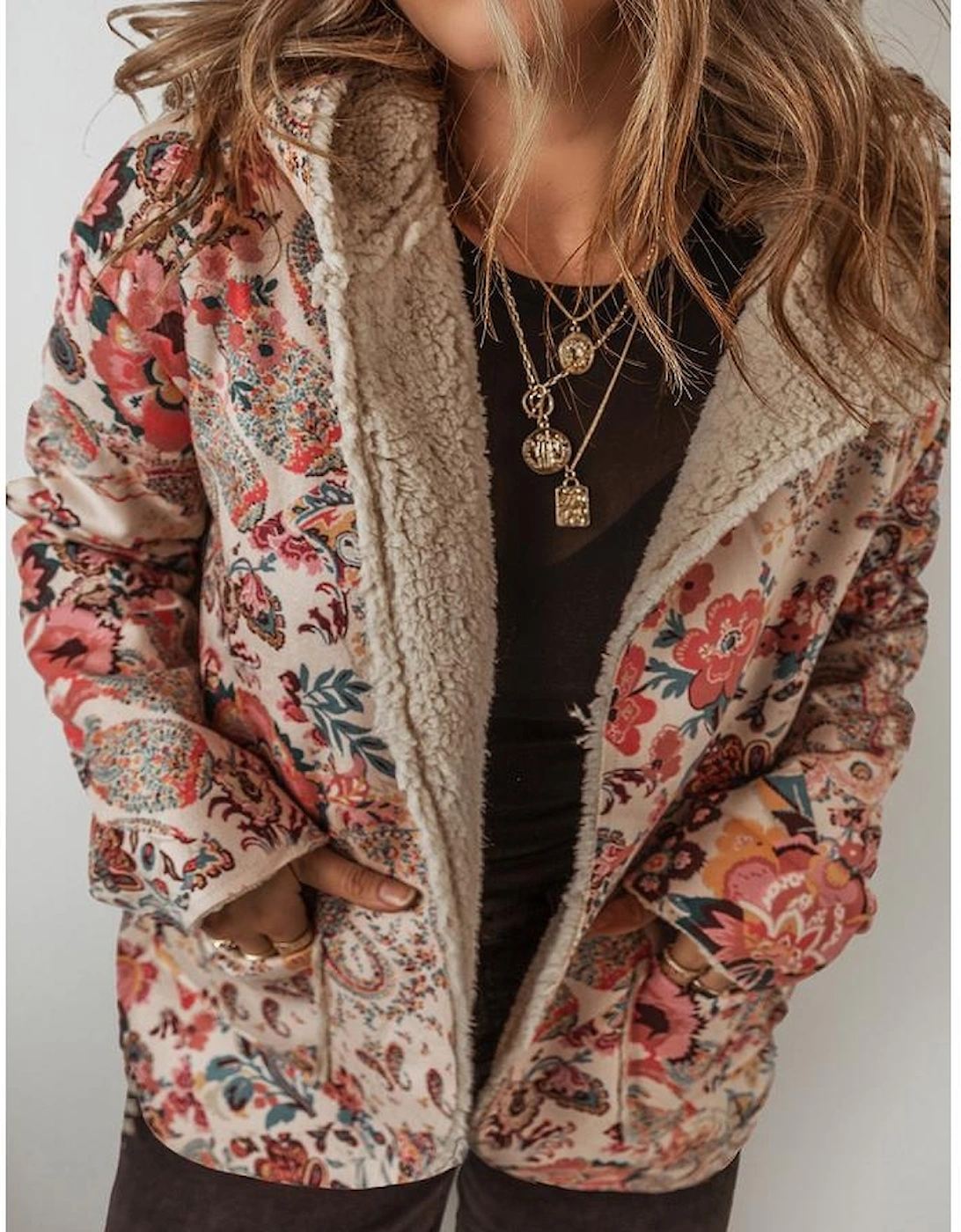 Beige Vintage Paisley Floral Printed Sherpa Lined Hooded Jacket