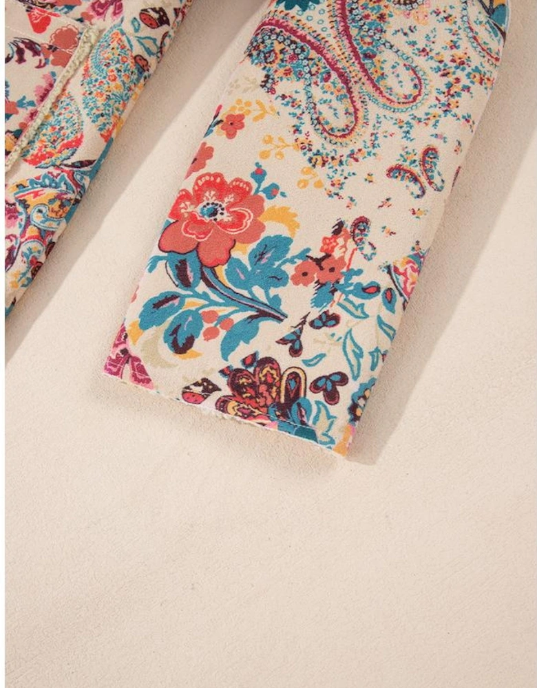 Beige Vintage Paisley Floral Printed Sherpa Lined Hooded Jacket