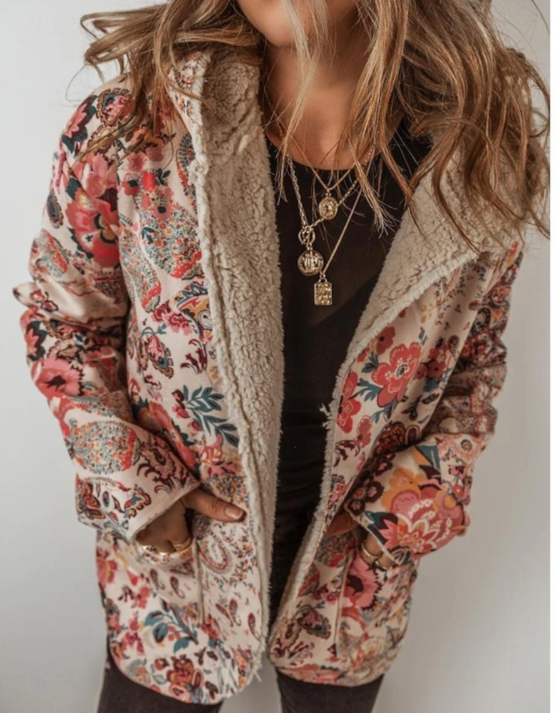 Beige Vintage Paisley Floral Printed Sherpa Lined Hooded Jacket