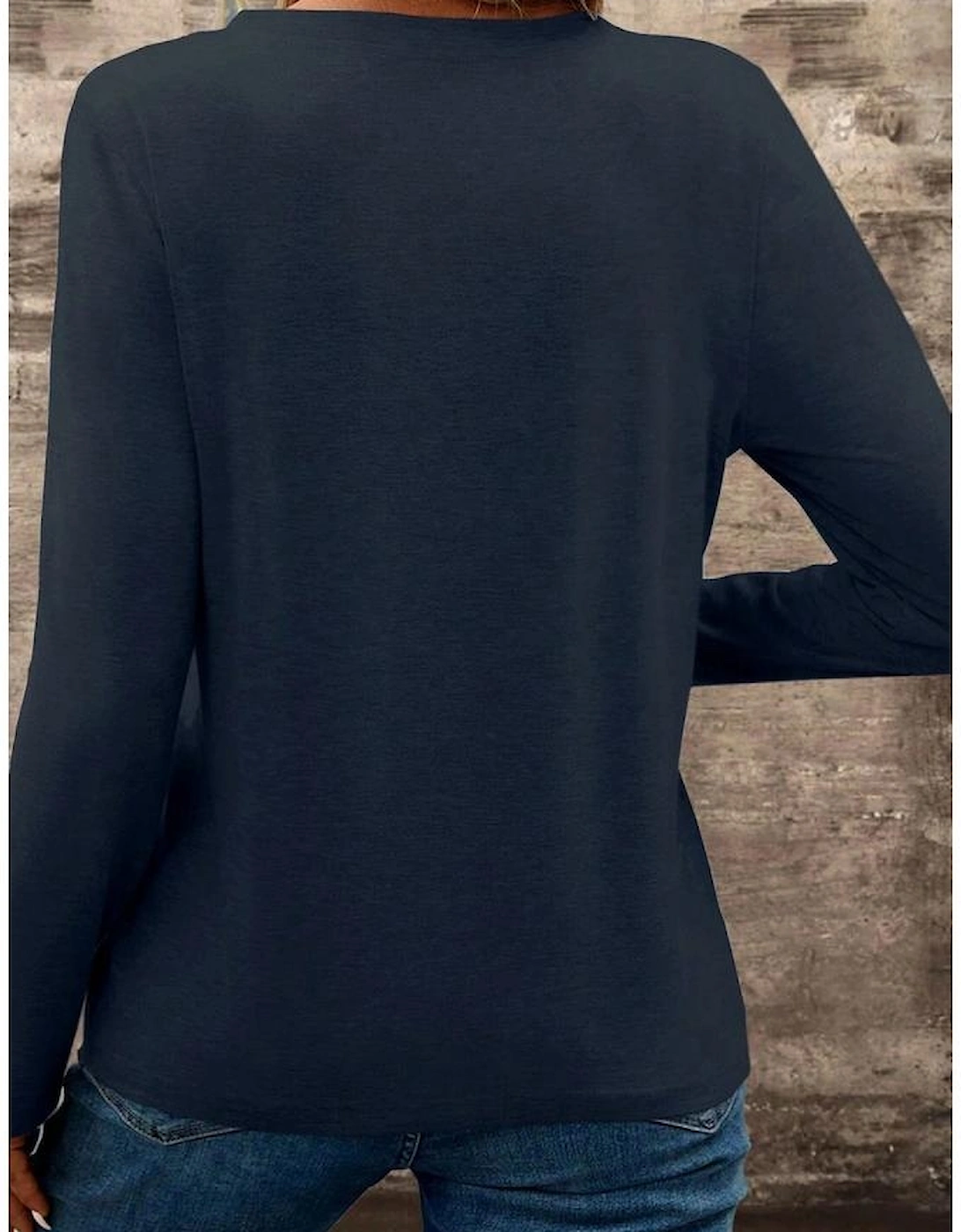 Dirty blue Notch V Neck Pocket Patched Long Sleeve T Shirt