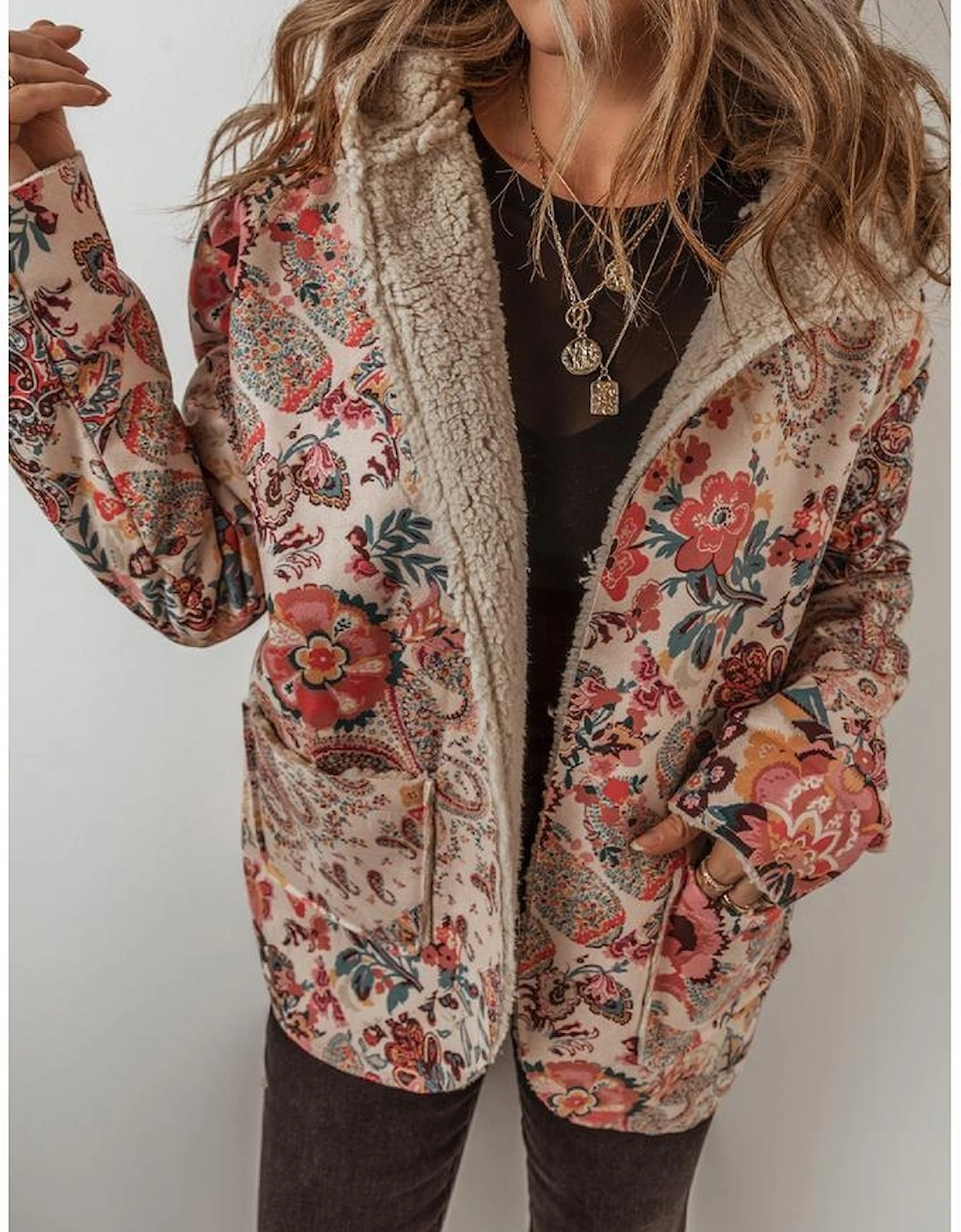 Beige Vintage Paisley Floral Printed Sherpa Lined Hooded Jacket