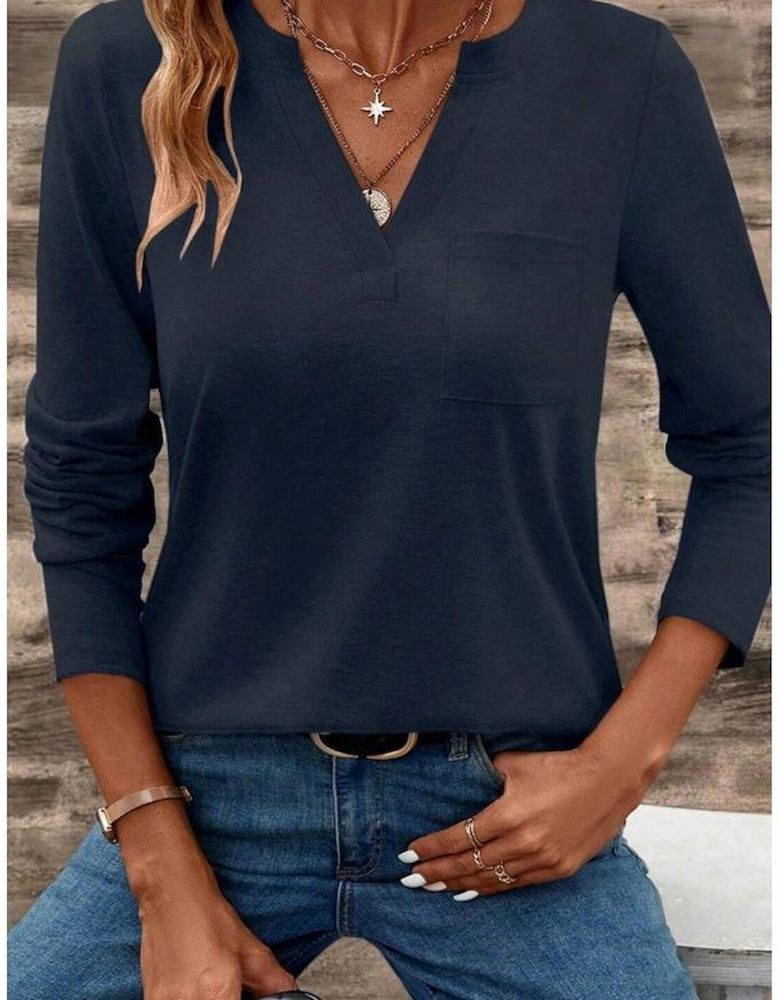 Dirty blue Notch V Neck Pocket Patched Long Sleeve T Shirt