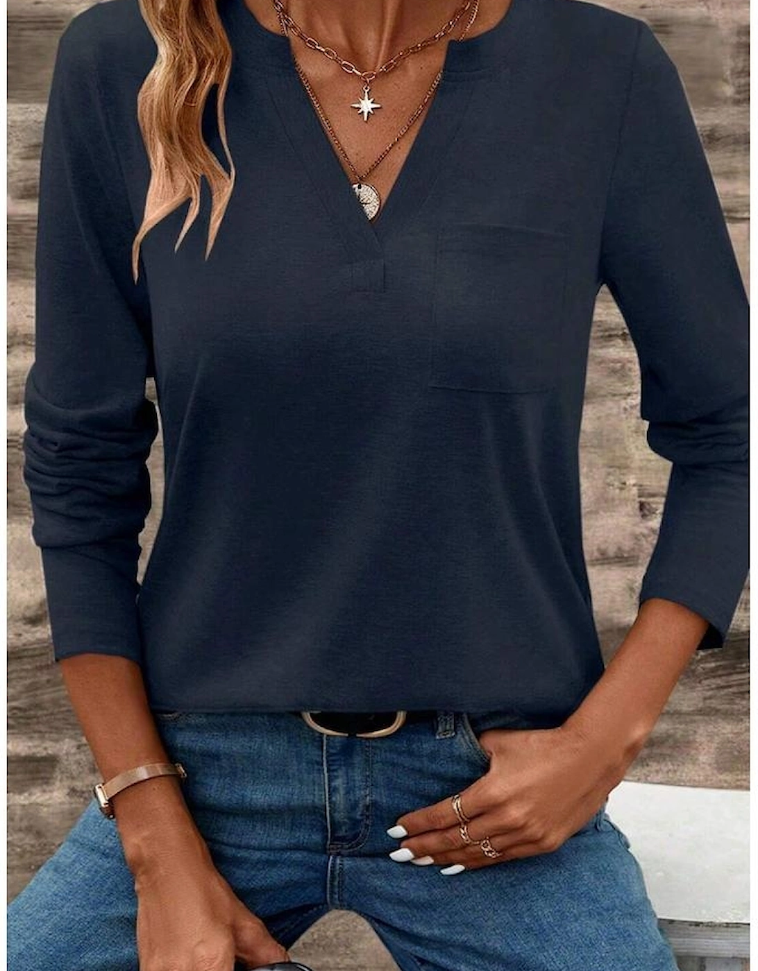 Dirty blue Notch V Neck Pocket Patched Long Sleeve T Shirt