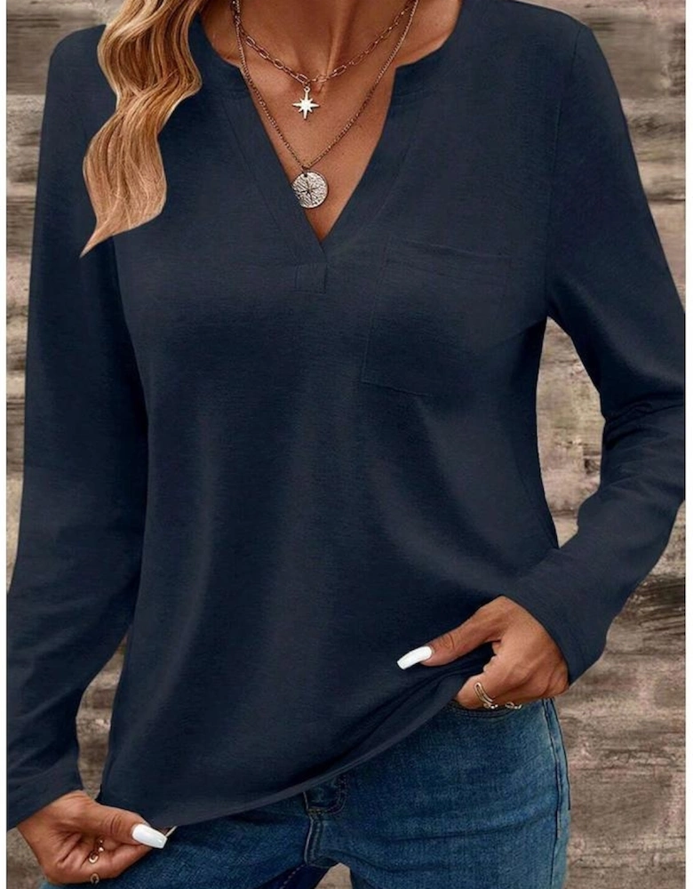 Dirty blue Notch V Neck Pocket Patched Long Sleeve T Shirt