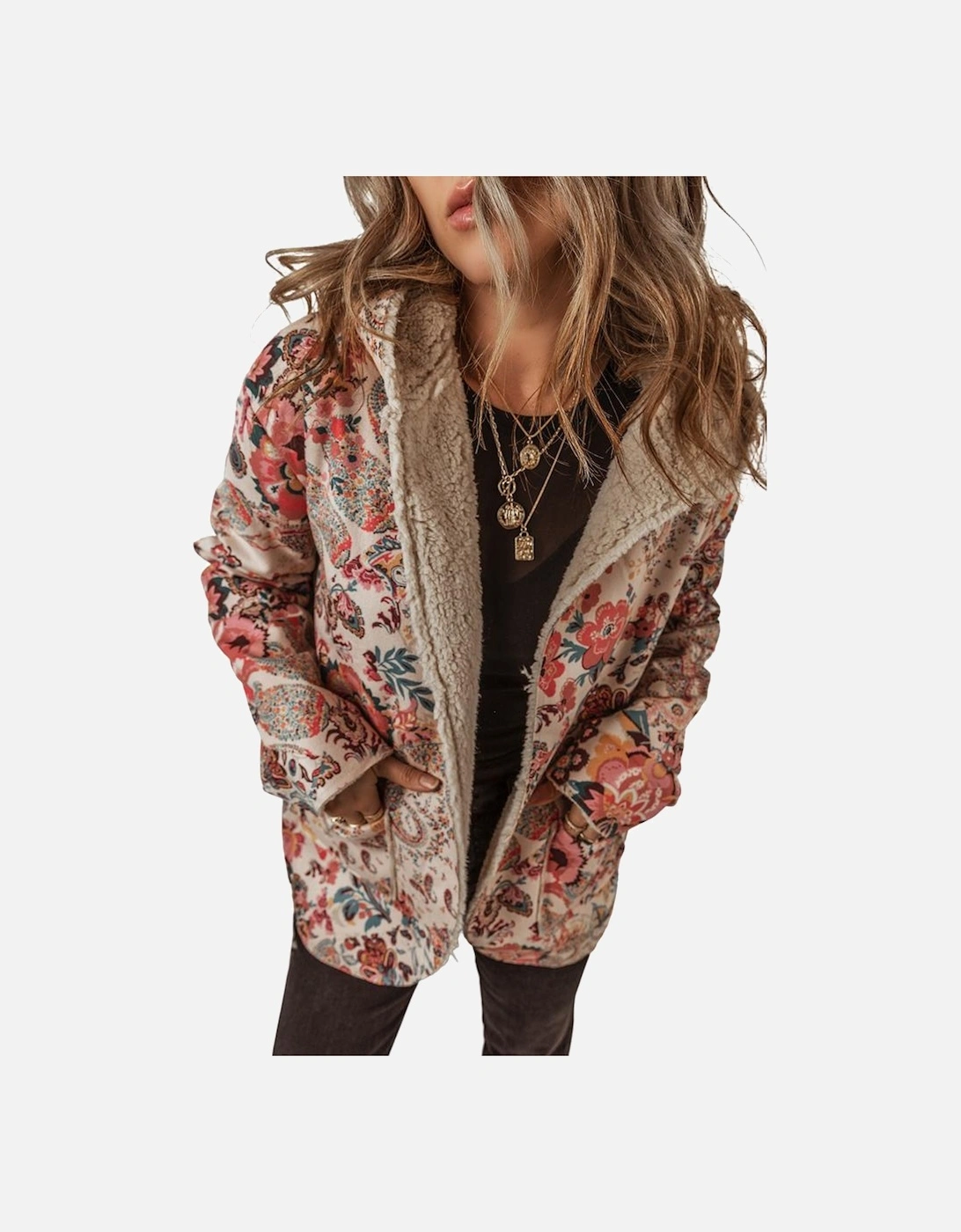 Beige Vintage Paisley Floral Printed Sherpa Lined Hooded Jacket
