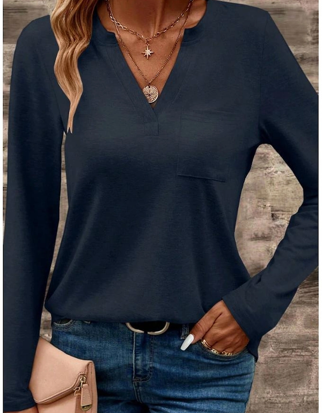 Dirty blue Notch V Neck Pocket Patched Long Sleeve T Shirt, 11 of 10