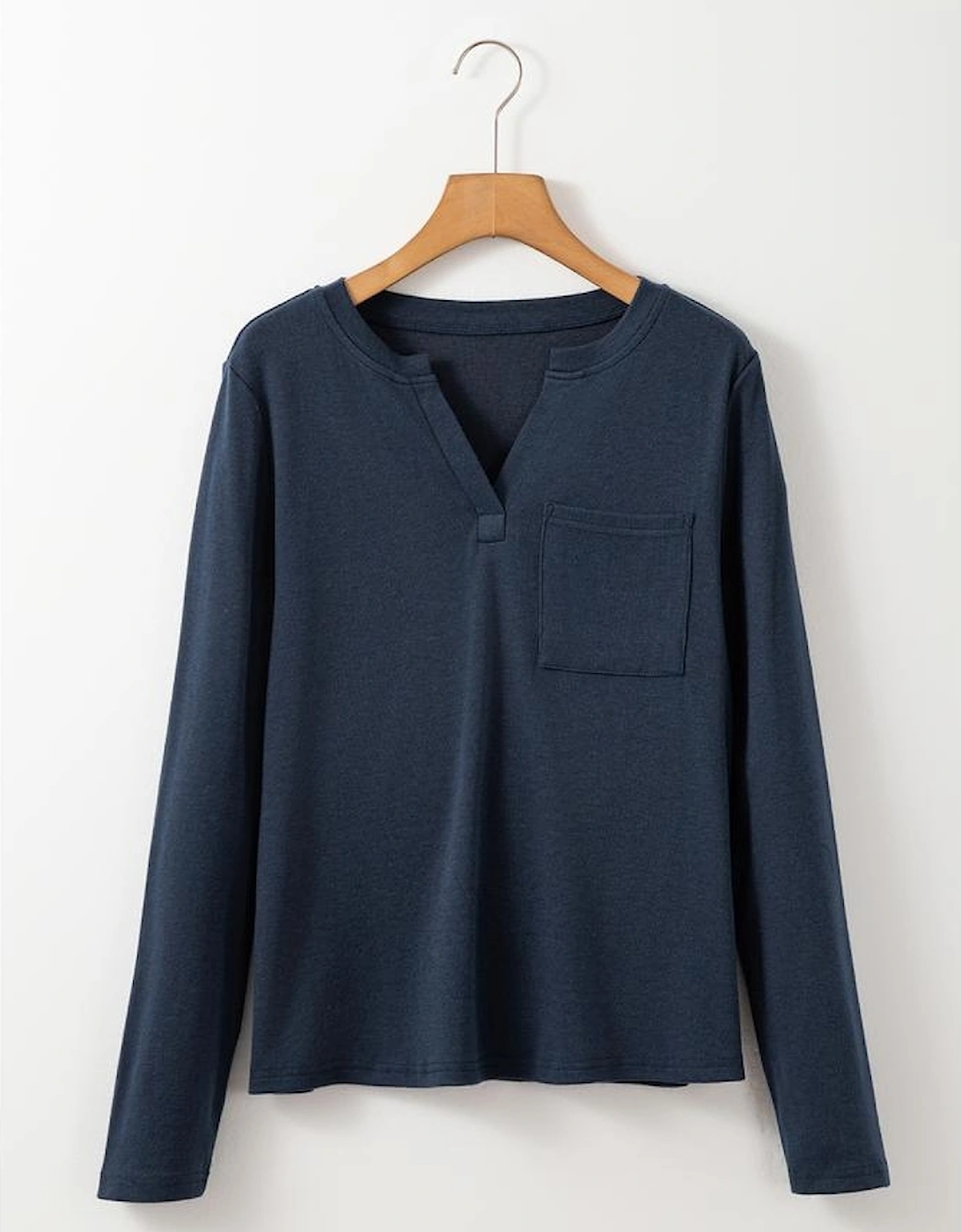 Dirty blue Notch V Neck Pocket Patched Long Sleeve T Shirt