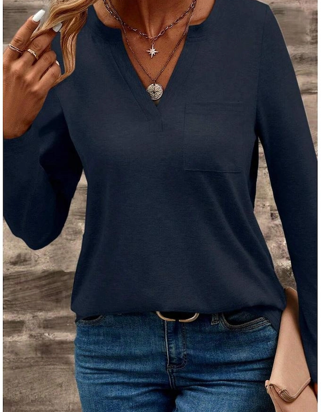 Dirty blue Notch V Neck Pocket Patched Long Sleeve T Shirt