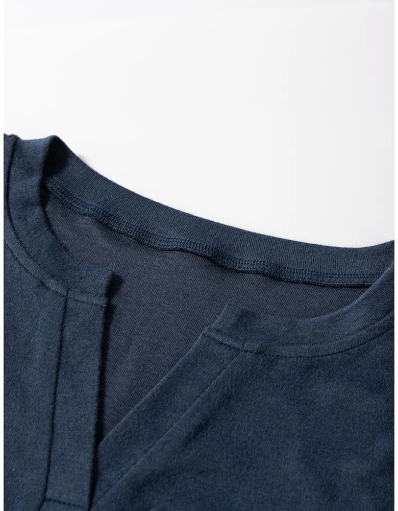Dirty blue Notch V Neck Pocket Patched Long Sleeve T Shirt