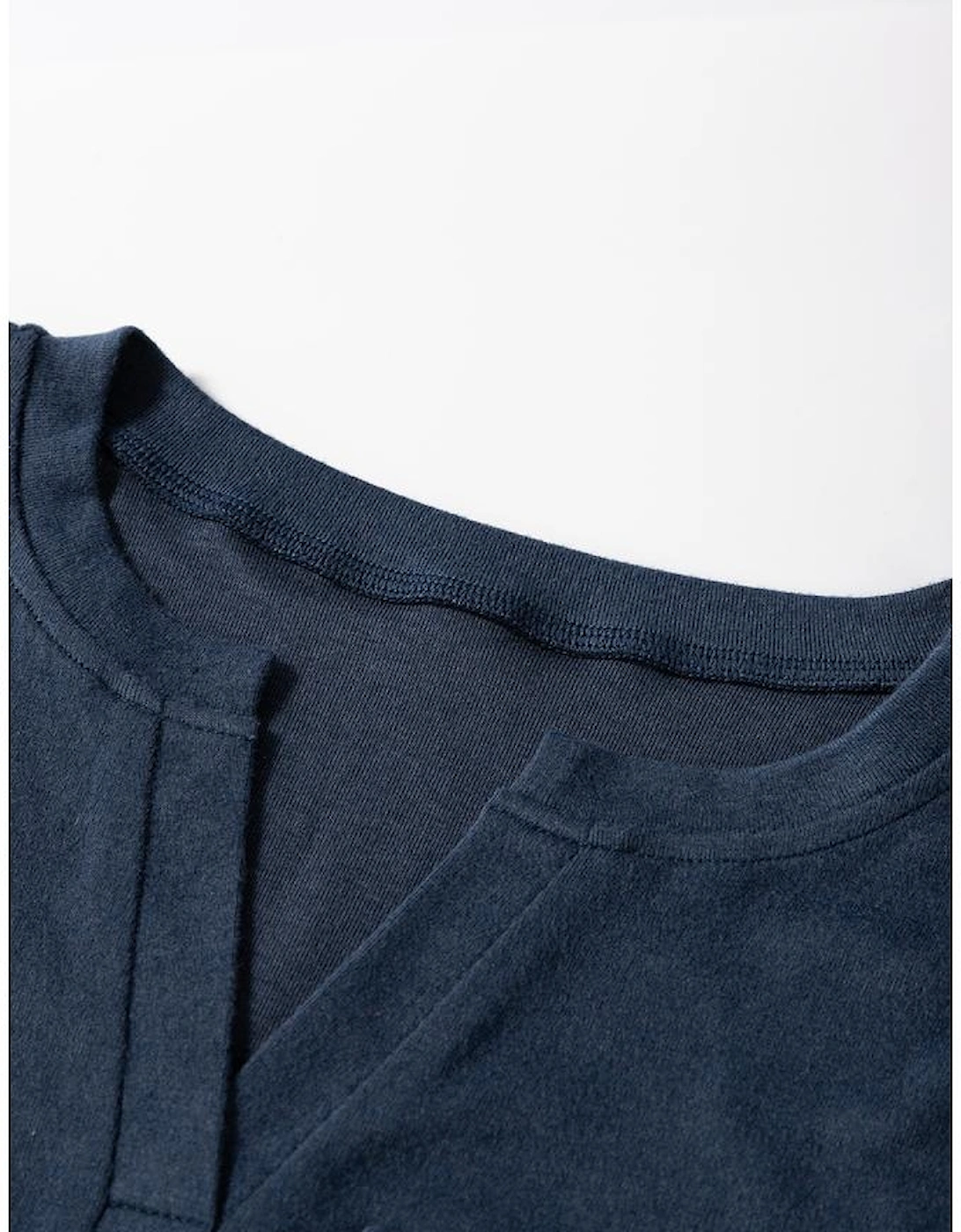 Dirty blue Notch V Neck Pocket Patched Long Sleeve T Shirt