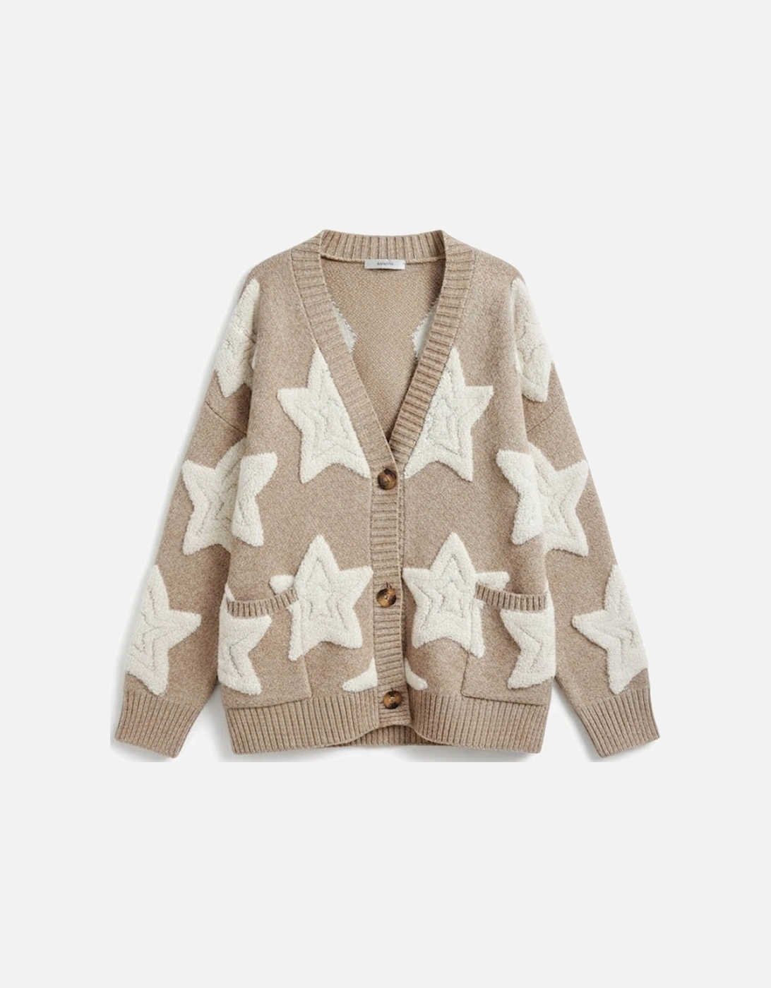 Khaki Sherpa Star Pattern Textured Sweater Cardigan with Pockets, 14 of 13