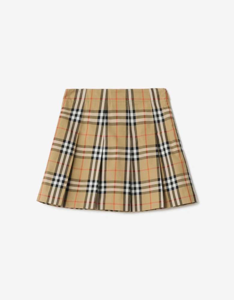 Girls Gabrielle Pleated Check Skirt in Beige