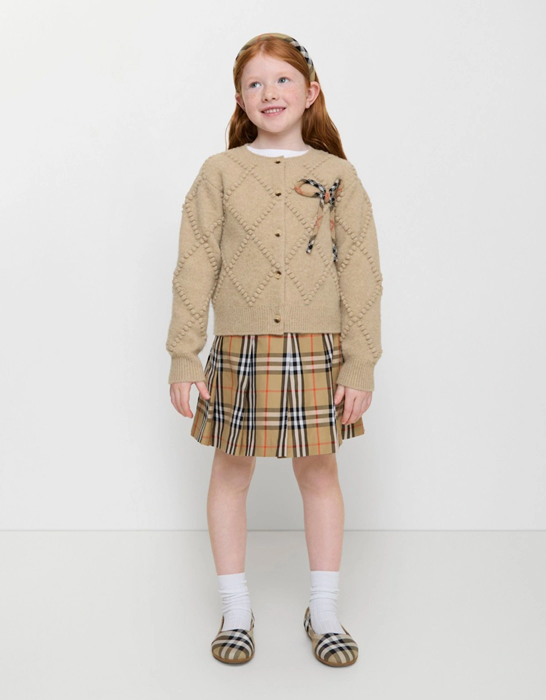 Girls Gabrielle Pleated Check Skirt in Beige