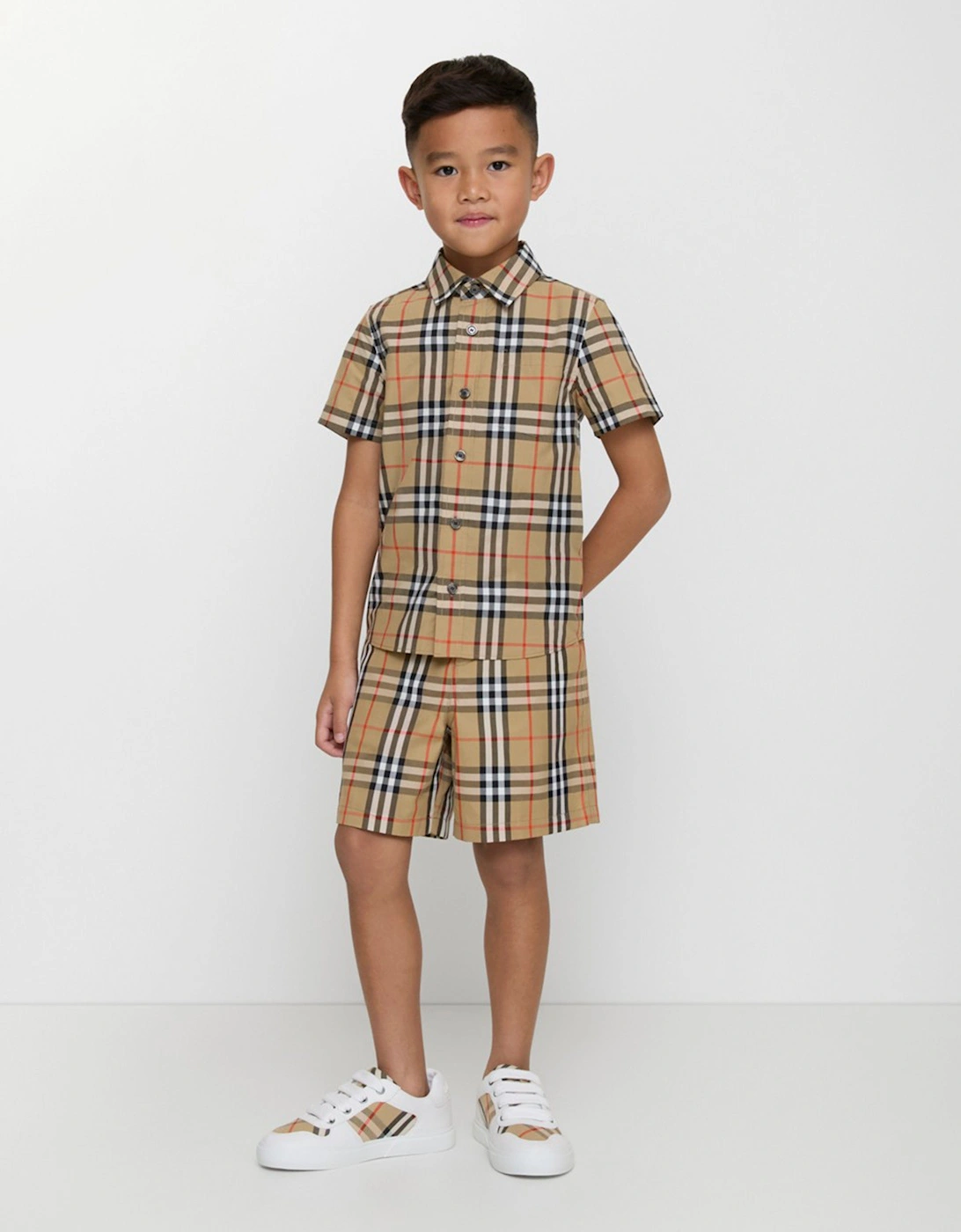 Boys Owen Short Sleeve Check Shirt in Beige