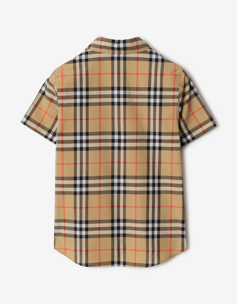 Boys Owen Short Sleeve Check Shirt in Beige