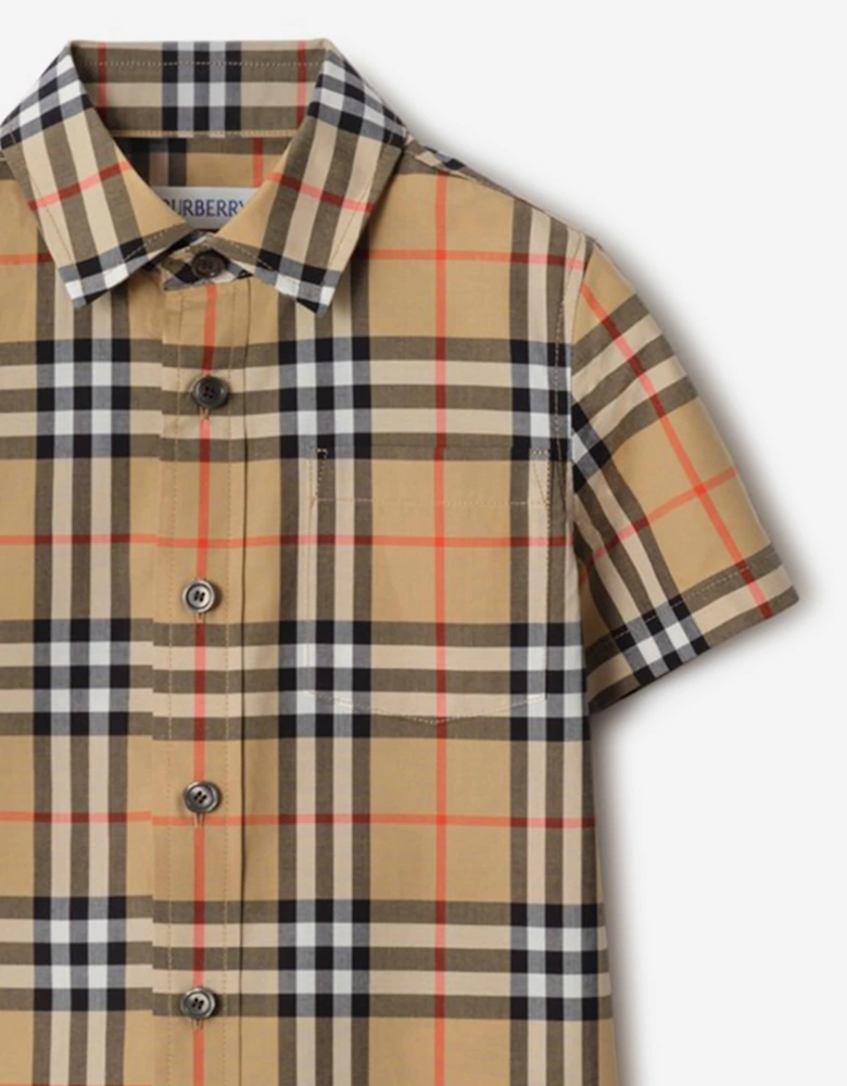 Boys Owen Short Sleeve Check Shirt in Beige