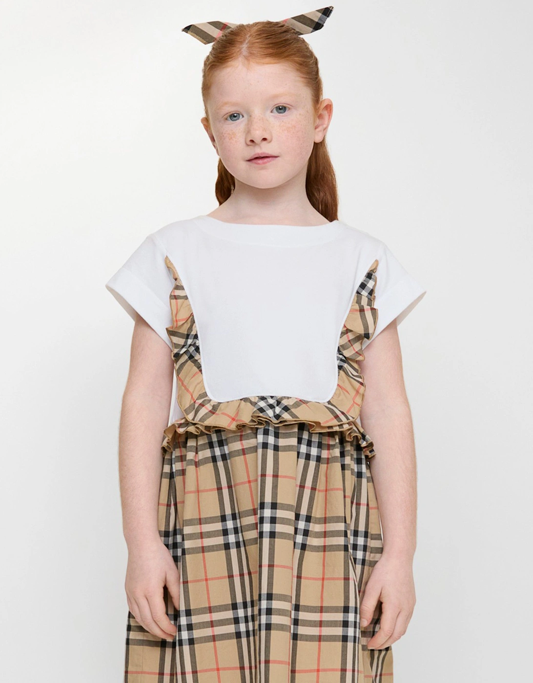 Girls Rhonda Frill Check Trim Dress in Beige