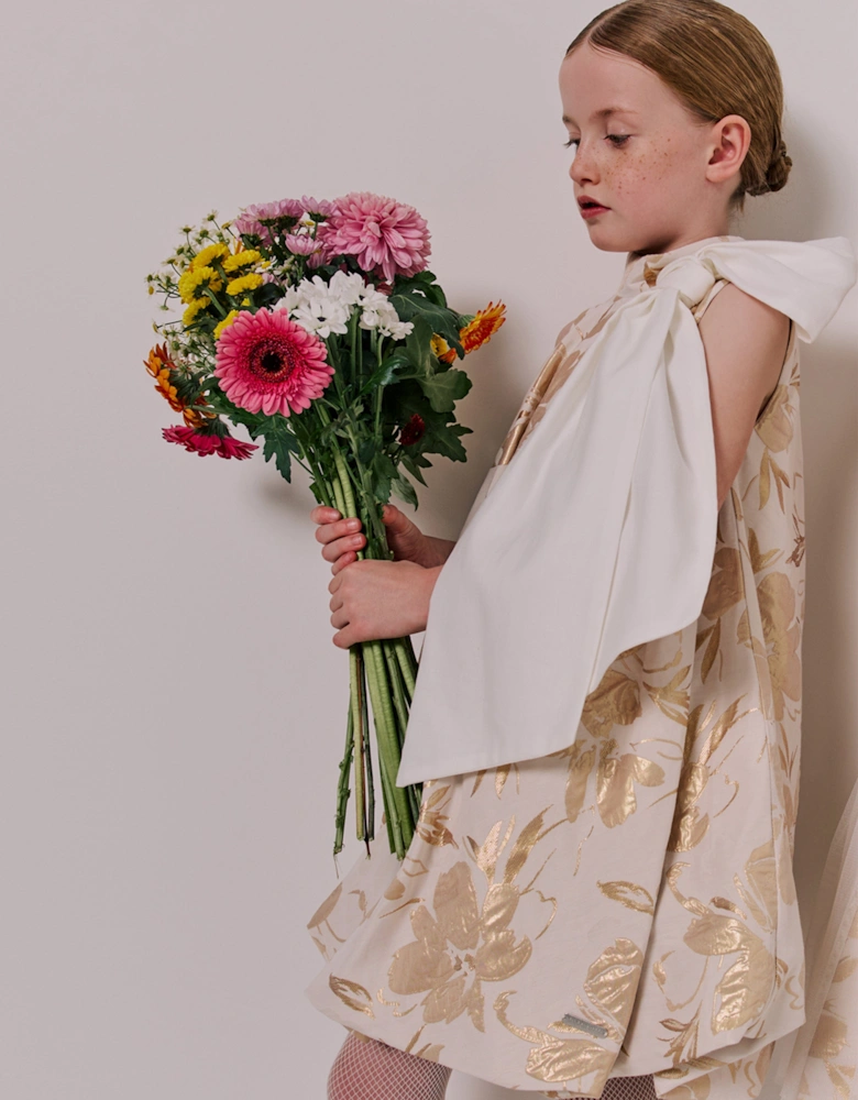 Girls Abstract Floral Jacquard Dress in Gold