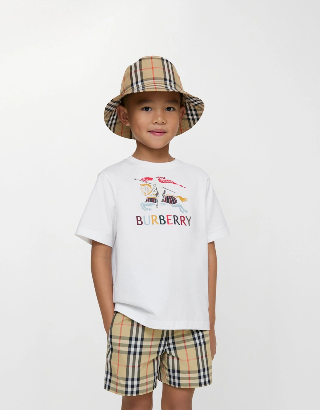 Boys Atticus Check Swim Shorts in Beige