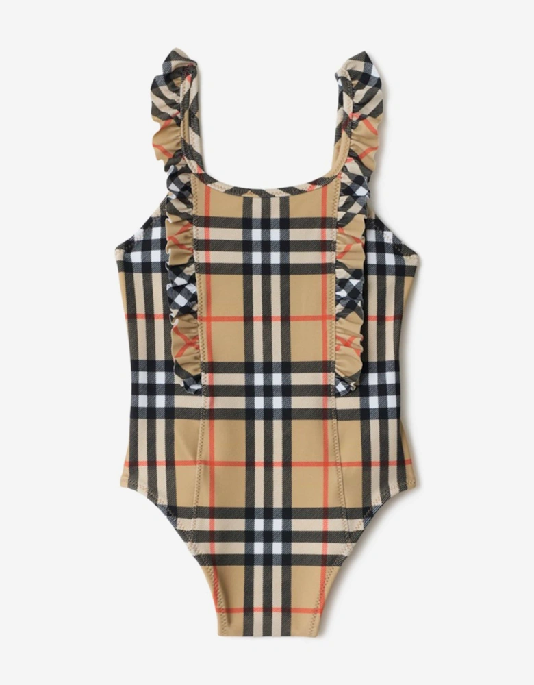 Girls Tilly Ruffle Trim Check Swimsuit in Beige