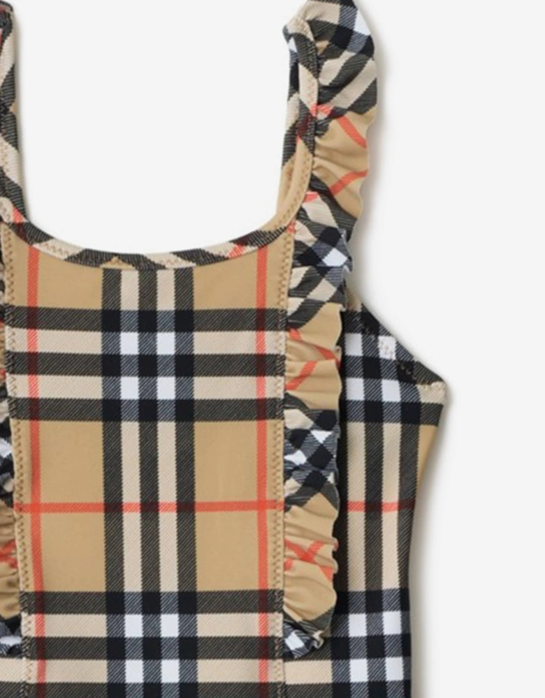 Girls Tilly Ruffle Trim Check Swimsuit in Beige