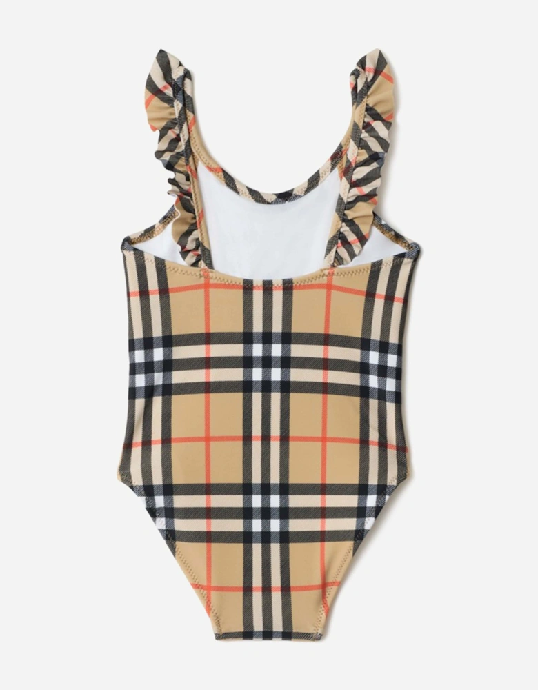 Girls Tilly Ruffle Trim Check Swimsuit in Beige